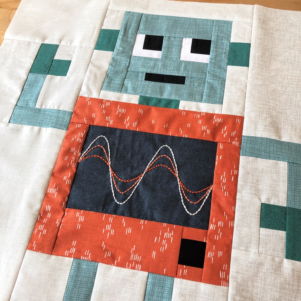 Rocking Robots embroidery tutorial - robot quilt block with sinusoid curves