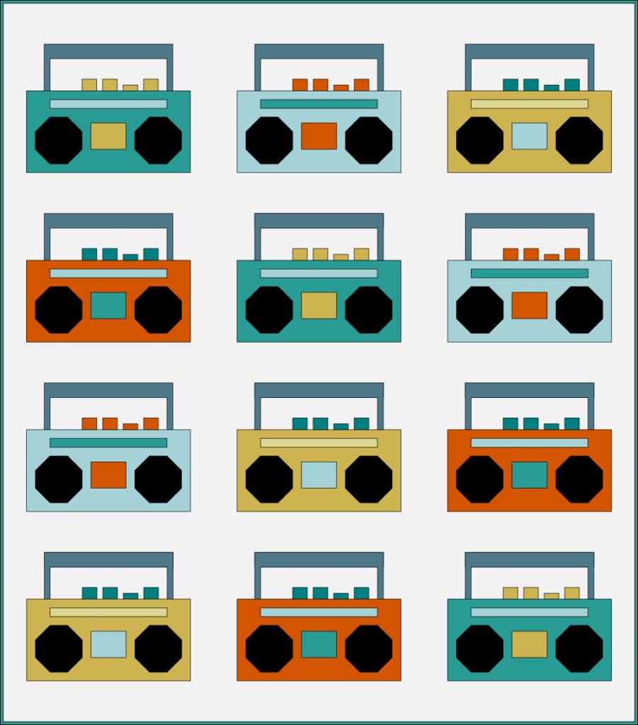 Suggested Press Play throw quilt layout using 12 boom box quilt blocks