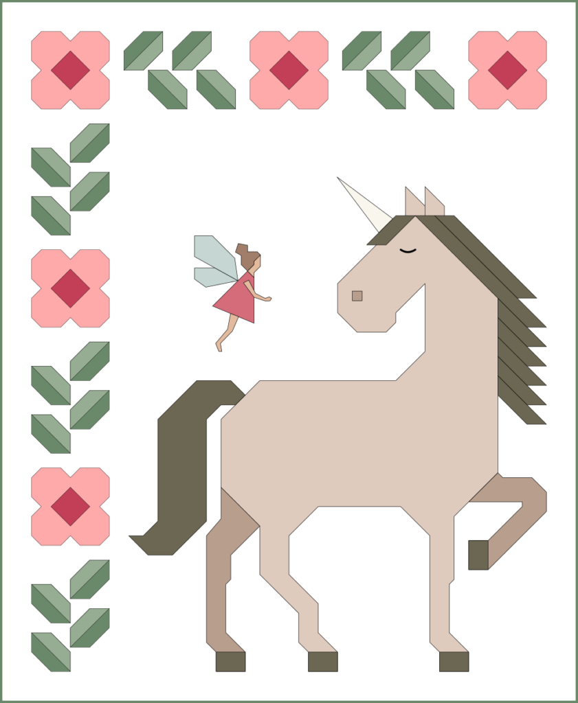 Apples & Beavers: Fairy and unicorn quilt tutorial - Overview of quilt layout combining the "Unicorn Garden" and "Fairy Sisters" quilt patterns