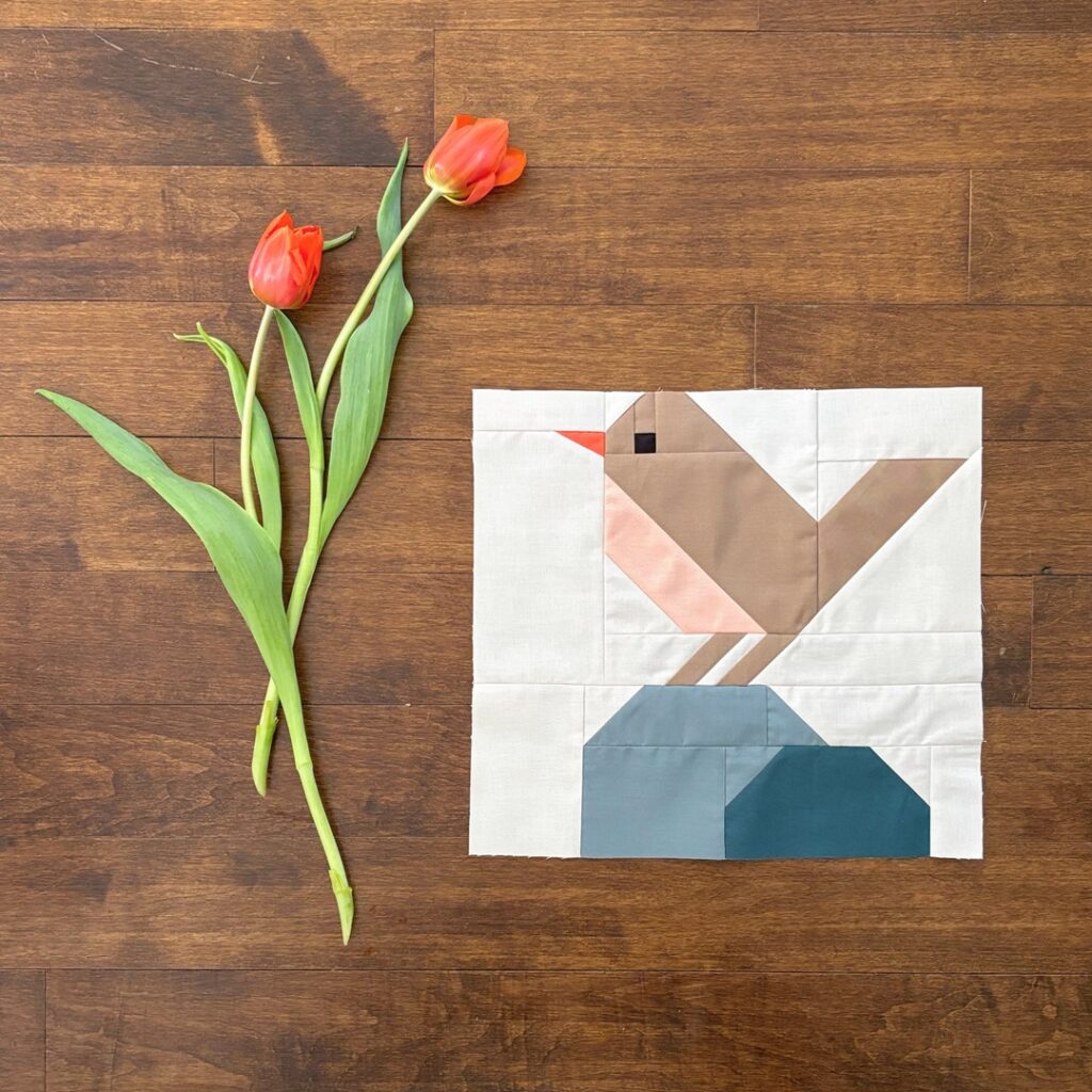 Apples & Beavers: Little Robin quilt block - customized block with two rocks instead of a branch