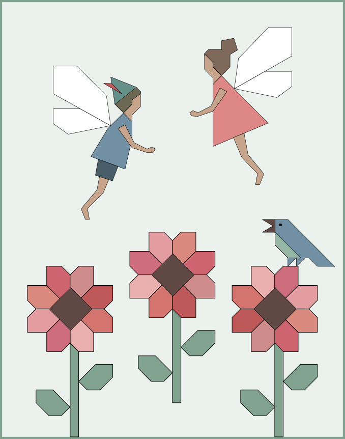 Apples & Beavers - Suggested quilt layout with sunflowers, fairies and a bird (crib quilt)