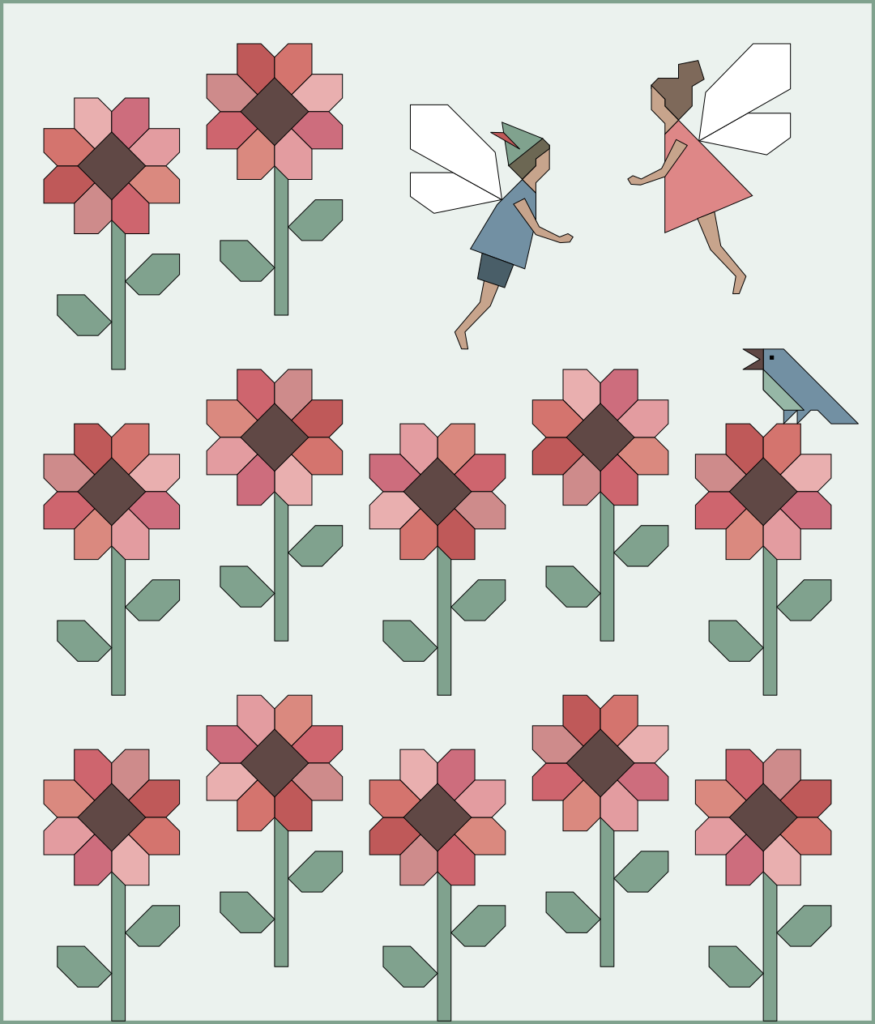 Apples & Beavers - Suggested quilt layout with sunflowers, fairies and a bird (throw)